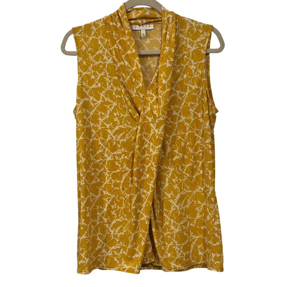 Chaus New York Mustard Yellow White Abstract Surplice Mock Neck Blouse Large